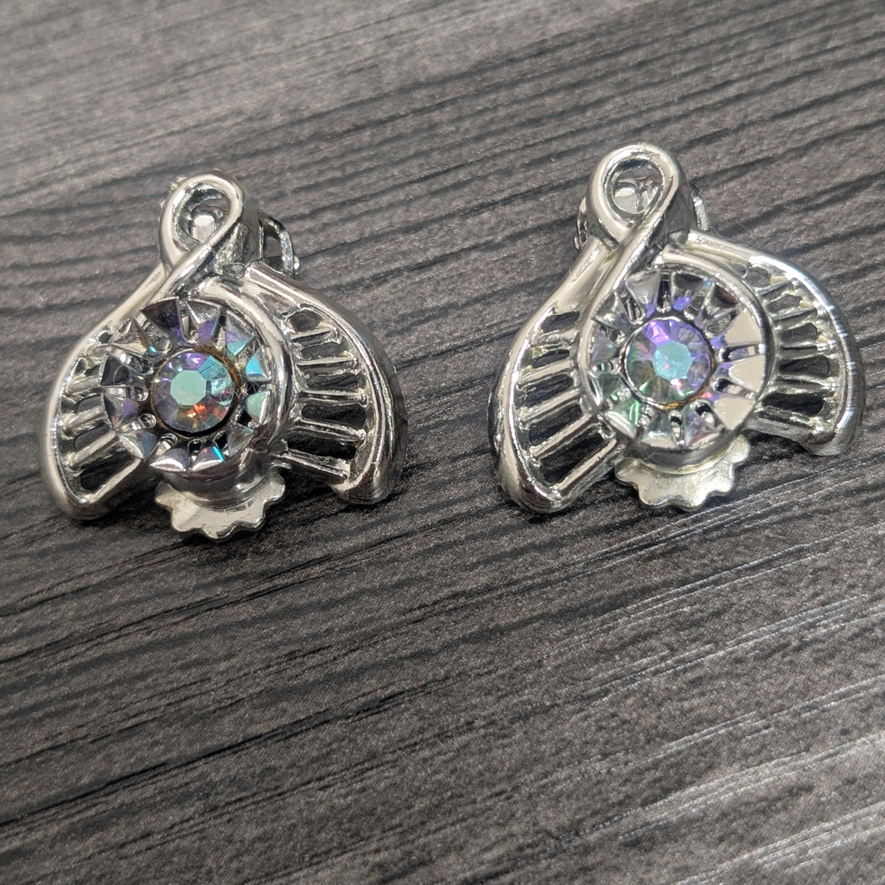 Elegant 1950s Art Deco Silver and  AB Crystal Earrings CLIP ONS